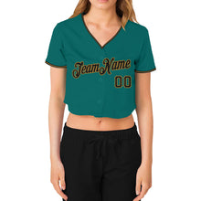 Load image into Gallery viewer, Custom Women&#39;s Aqua Black-Old Gold V-Neck Cropped Baseball Jersey
