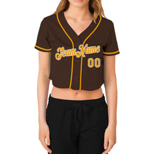 Load image into Gallery viewer, Custom Women&#39;s Brown Gold-White V-Neck Cropped Baseball Jersey
