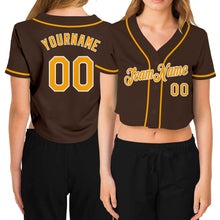 Load image into Gallery viewer, Custom Women&#39;s Brown Gold-White V-Neck Cropped Baseball Jersey
