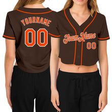 Load image into Gallery viewer, Custom Women&#39;s Brown Orange-White V-Neck Cropped Baseball Jersey
