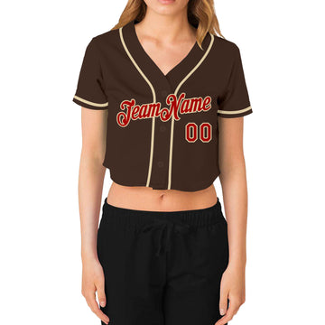 Custom Women's Brown Red-Cream V-Neck Cropped Baseball Jersey