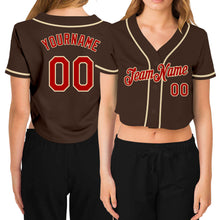 Load image into Gallery viewer, Custom Women&#39;s Brown Red-Cream V-Neck Cropped Baseball Jersey
