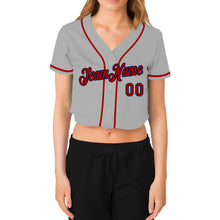 Load image into Gallery viewer, Custom Women&#39;s Gray Red-Navy V-Neck Cropped Baseball Jersey
