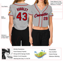 Load image into Gallery viewer, Custom Women&#39;s Gray Red-Navy V-Neck Cropped Baseball Jersey
