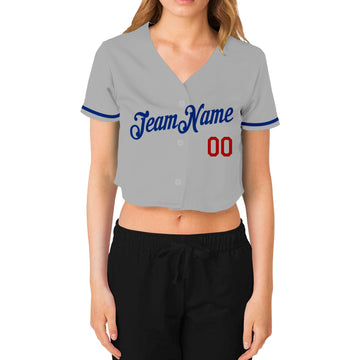 Custom Women's Gray Royal-Red V-Neck Cropped Baseball Jersey