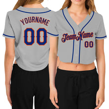Load image into Gallery viewer, Custom Women&#39;s Gray Royal-Orange V-Neck Cropped Baseball Jersey

