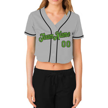 Load image into Gallery viewer, Custom Women&#39;s Gray Neon Green-Black V-Neck Cropped Baseball Jersey
