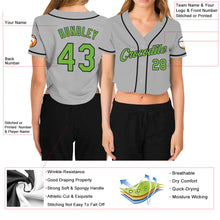Load image into Gallery viewer, Custom Women&#39;s Gray Neon Green-Black V-Neck Cropped Baseball Jersey
