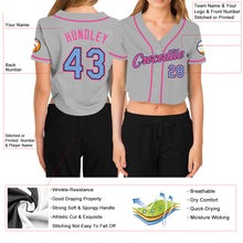 Load image into Gallery viewer, Custom Women&#39;s Gray Light Blue Black-Pink V-Neck Cropped Baseball Jersey
