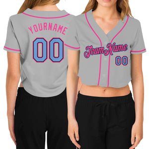Custom Women's Gray Light Blue Black-Pink V-Neck Cropped Baseball Jersey