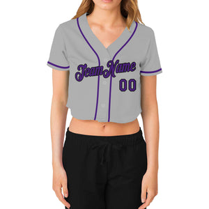 Custom Women's Gray Purple-Black V-Neck Cropped Baseball Jersey