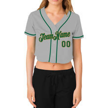 Load image into Gallery viewer, Custom Women&#39;s Gray Kelly Green-Old Gold V-Neck Cropped Baseball Jersey
