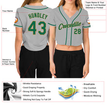 Load image into Gallery viewer, Custom Women&#39;s Gray Kelly Green-Old Gold V-Neck Cropped Baseball Jersey
