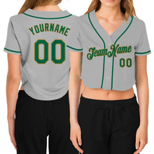 Load image into Gallery viewer, Custom Women&#39;s Gray Kelly Green-Old Gold V-Neck Cropped Baseball Jersey
