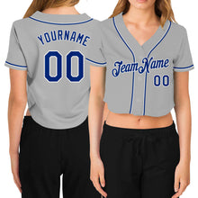 Load image into Gallery viewer, Custom Women&#39;s Gray Royal-White V-Neck Cropped Baseball Jersey
