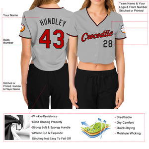 Custom Women's Gray Red-Black V-Neck Cropped Baseball Jersey