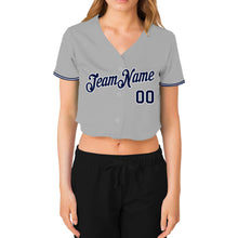 Load image into Gallery viewer, Custom Women&#39;s Gray Navy-White V-Neck Cropped Baseball Jersey
