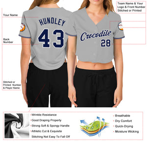 Custom Women's Gray Navy-White V-Neck Cropped Baseball Jersey