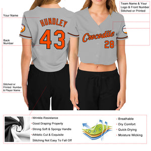 Custom Women's Gray Orange-Black V-Neck Cropped Baseball Jersey