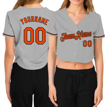Load image into Gallery viewer, Custom Women&#39;s Gray Orange-Black V-Neck Cropped Baseball Jersey
