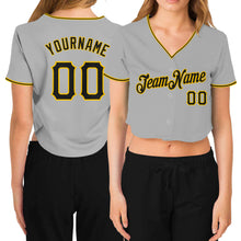 Load image into Gallery viewer, Custom Women&#39;s Gray Black-Gold V-Neck Cropped Baseball Jersey
