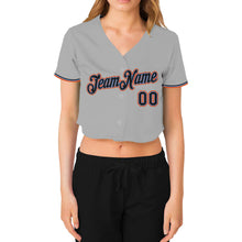 Load image into Gallery viewer, Custom Women&#39;s Gray Black Powder Blue-Orange V-Neck Cropped Baseball Jersey
