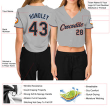 Load image into Gallery viewer, Custom Women&#39;s Gray Black Powder Blue-Orange V-Neck Cropped Baseball Jersey
