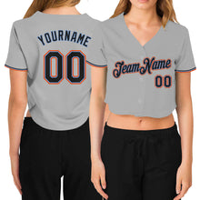 Load image into Gallery viewer, Custom Women&#39;s Gray Black Powder Blue-Orange V-Neck Cropped Baseball Jersey
