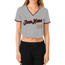 Load image into Gallery viewer, Custom Women&#39;s Gray Black Crimson-Cream V-Neck Cropped Baseball Jersey
