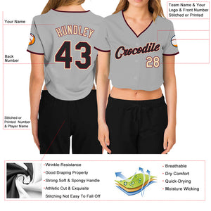 Custom Women's Gray Black Crimson-Cream V-Neck Cropped Baseball Jersey