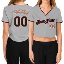 Load image into Gallery viewer, Custom Women&#39;s Gray Black Crimson-Cream V-Neck Cropped Baseball Jersey
