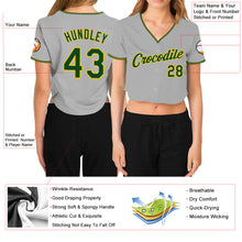 Load image into Gallery viewer, Custom Women&#39;s Gray Green-Gold V-Neck Cropped Baseball Jersey
