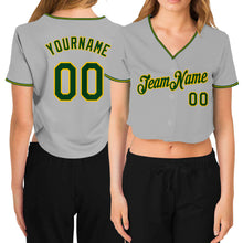 Load image into Gallery viewer, Custom Women&#39;s Gray Green-Gold V-Neck Cropped Baseball Jersey

