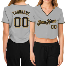 Load image into Gallery viewer, Custom Women&#39;s Gray Black-Old Gold V-Neck Cropped Baseball Jersey
