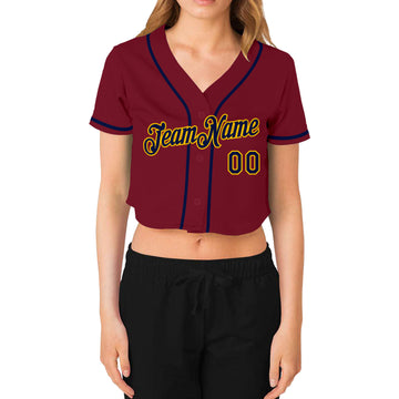 Custom Women's Crimson Navy-Gold V-Neck Cropped Baseball Jersey