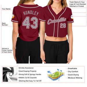 Custom Women's Crimson Gray-White V-Neck Cropped Baseball Jersey