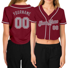 Load image into Gallery viewer, Custom Women&#39;s Crimson Gray-White V-Neck Cropped Baseball Jersey
