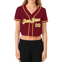 Load image into Gallery viewer, Custom Women&#39;s Crimson White-Gold V-Neck Cropped Baseball Jersey
