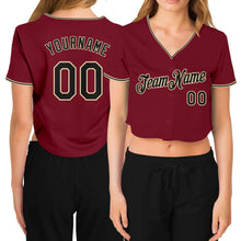 Load image into Gallery viewer, Custom Women&#39;s Crimson Black-Cream V-Neck Cropped Baseball Jersey
