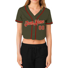 Load image into Gallery viewer, Custom Women&#39;s Olive Red-Cream Salute To Service V-Neck Cropped Baseball Jersey
