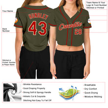 Load image into Gallery viewer, Custom Women&#39;s Olive Red-Cream Salute To Service V-Neck Cropped Baseball Jersey
