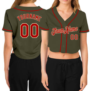 Custom Women's Olive Red-Cream Salute To Service V-Neck Cropped Baseball Jersey