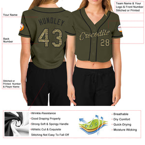 Custom Women's Olive Camo-Black Salute To Service V-Neck Cropped Baseball Jersey