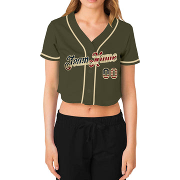 Custom Women's Olive Vintage USA Flag-Cream Salute To Service V-Neck Cropped Baseball Jersey