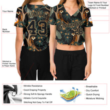 Load image into Gallery viewer, Custom Women&#39;s Black Black-Old Gold Tiger And Peacock 3D V-Neck Cropped Baseball Jersey
