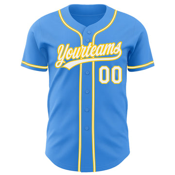 Custom Electric Blue White-Yellow Authentic Baseball Jersey