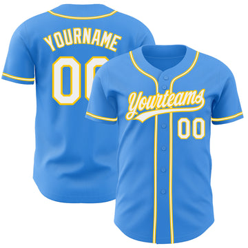 Custom Electric Blue White-Yellow Authentic Baseball Jersey