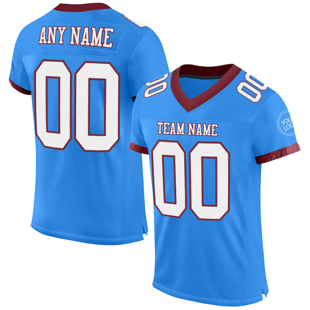 Custom Electric Blue White-Burgundy Mesh Authentic Football Jersey