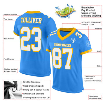 Custom Electric Blue White-Gold Mesh Authentic Football Jersey