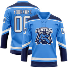 Load image into Gallery viewer, Custom Powder Blue White-Navy Hockey Lace Neck Jersey
